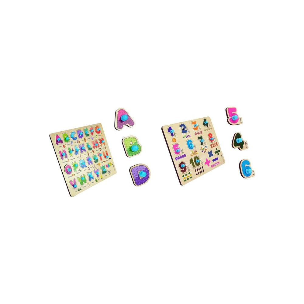 Wooden Puzzles for Kids - Educational Learning Toys Kit with Numbers & Alphabet - 2-Piece Combo Set | Perfect for Preschool Learning & Family Board Game Night