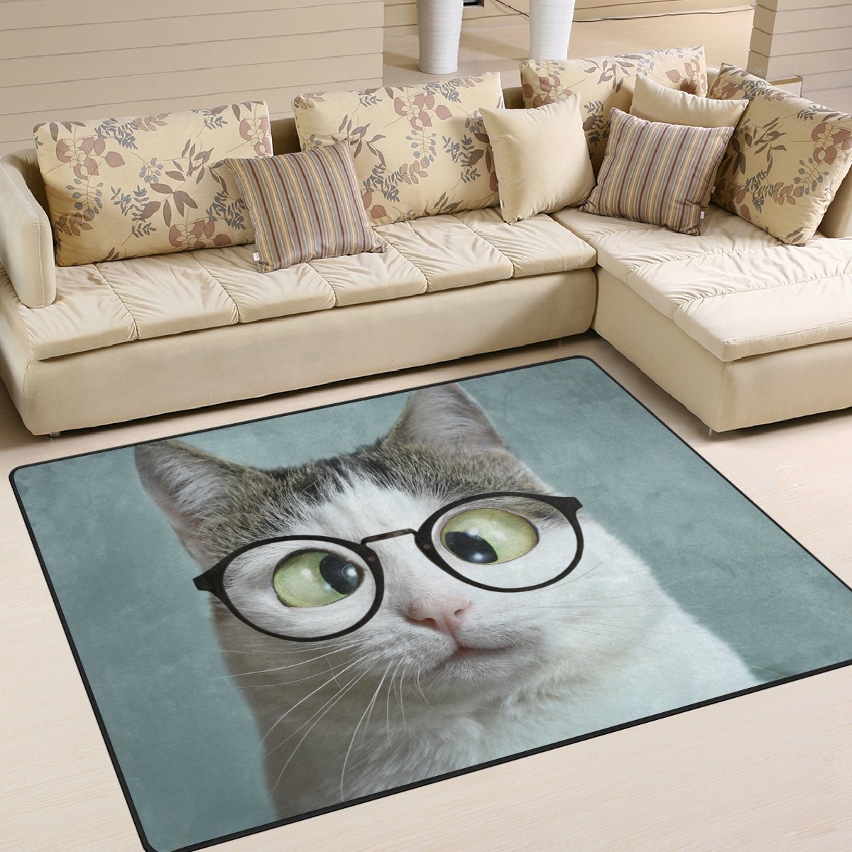 Non-Slip Cat Wear Glasses Area Rug - 63x48 Inch Soft Floor Mat for Living Room, Bedroom, Kids Room & Entryway - Pet-Friendly Home Decor for Playful Cats and Cozy Spaces