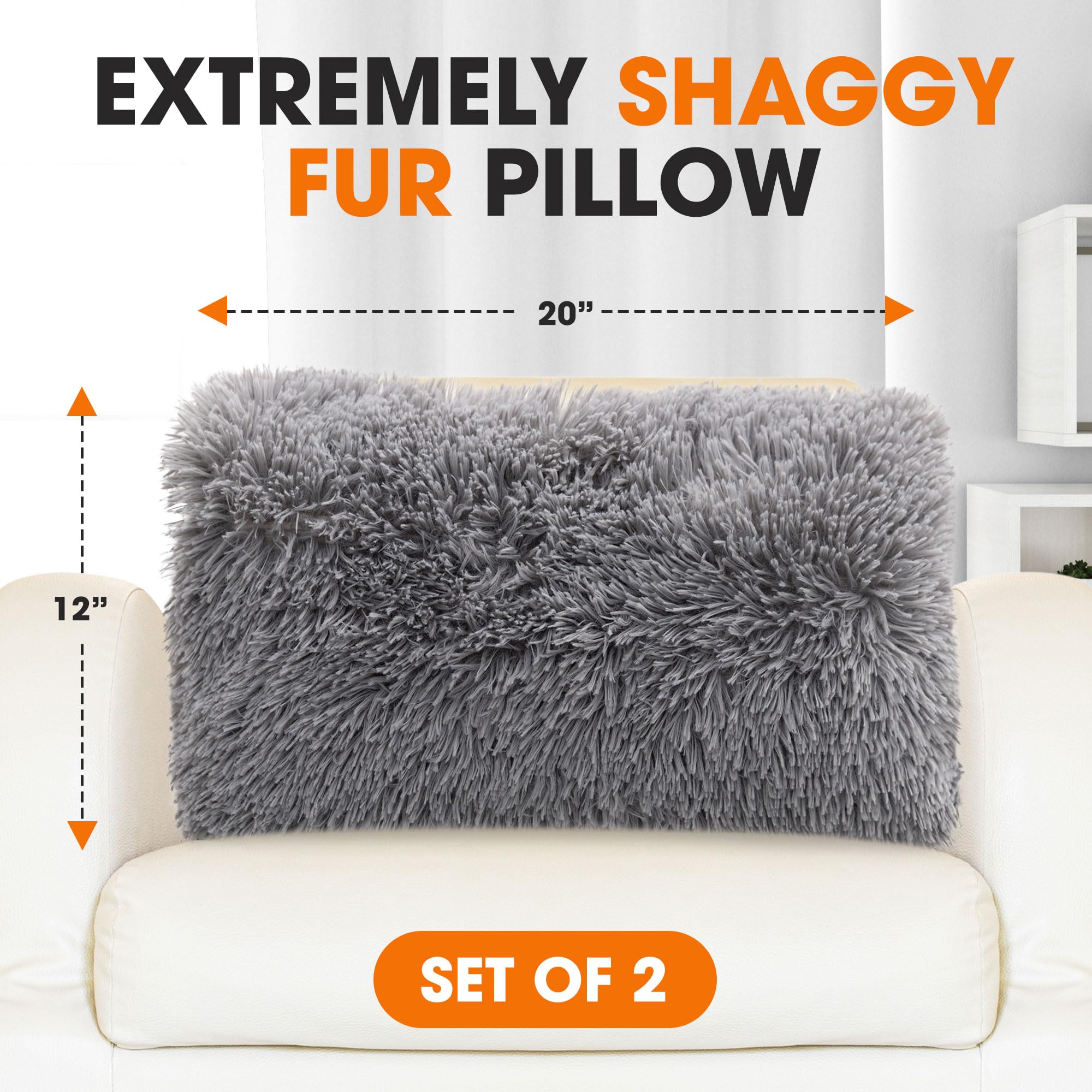 Soft Shaggy Throw Pillows for Couch & Bed - Set of 2 (12x20 Inches) with Inserts - Cozy Long Hair Faux Fur Decorative Pillows in Silver Gray - Perfect for Living Room, Bedroom & Home Decor