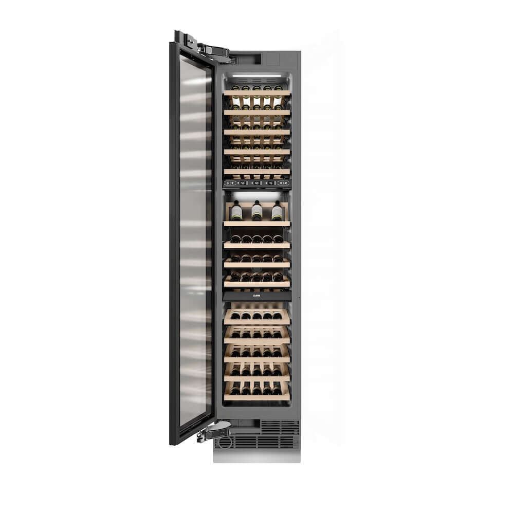 ZLINE Autograph Edition 18 Inch 9.0 cu ft Triple Zone 68 Bottle Panel Ready Left Hinge Column Wine Cooler with Matte Black Accents - Perfect for Home Bars, Wine Cellars, and Entertaining Spaces (RBCWVLZ 18 MB)