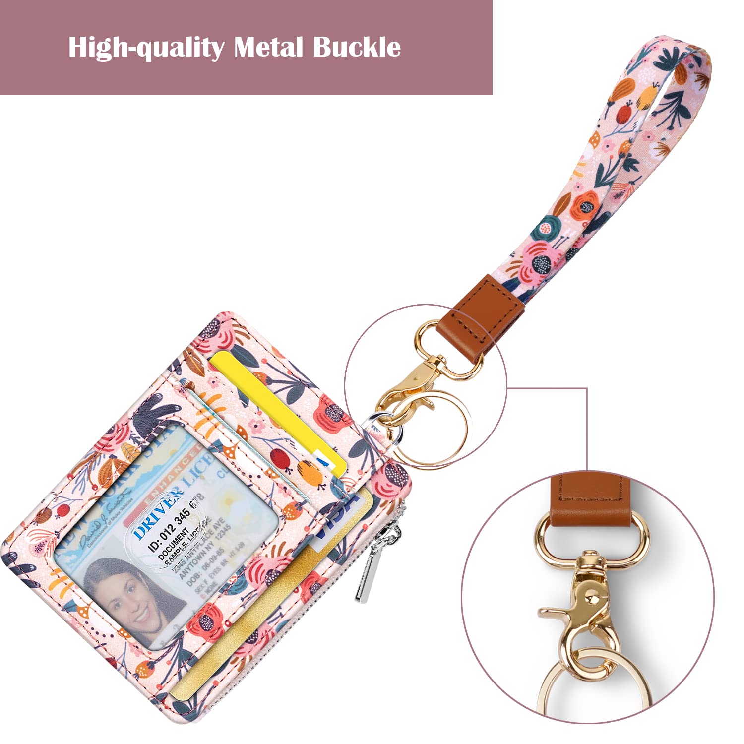 Waveyu Pink Flower Wrist Lanyard with ID Holder & 6 Card Slots - Perfect for Women's Work & Travel Essentials