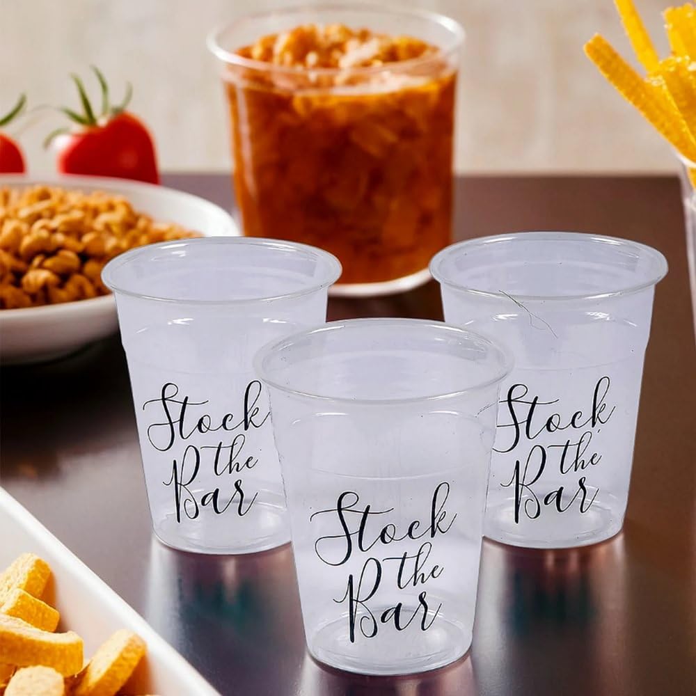 Fun Express STOCK THE BAR CLEAR PLASTIC CUPS - 50-Piece Party Supplies for Cocktails, Mocktails & Beverages - Perfect for Weddings, BBQs, and Home Entertaining
