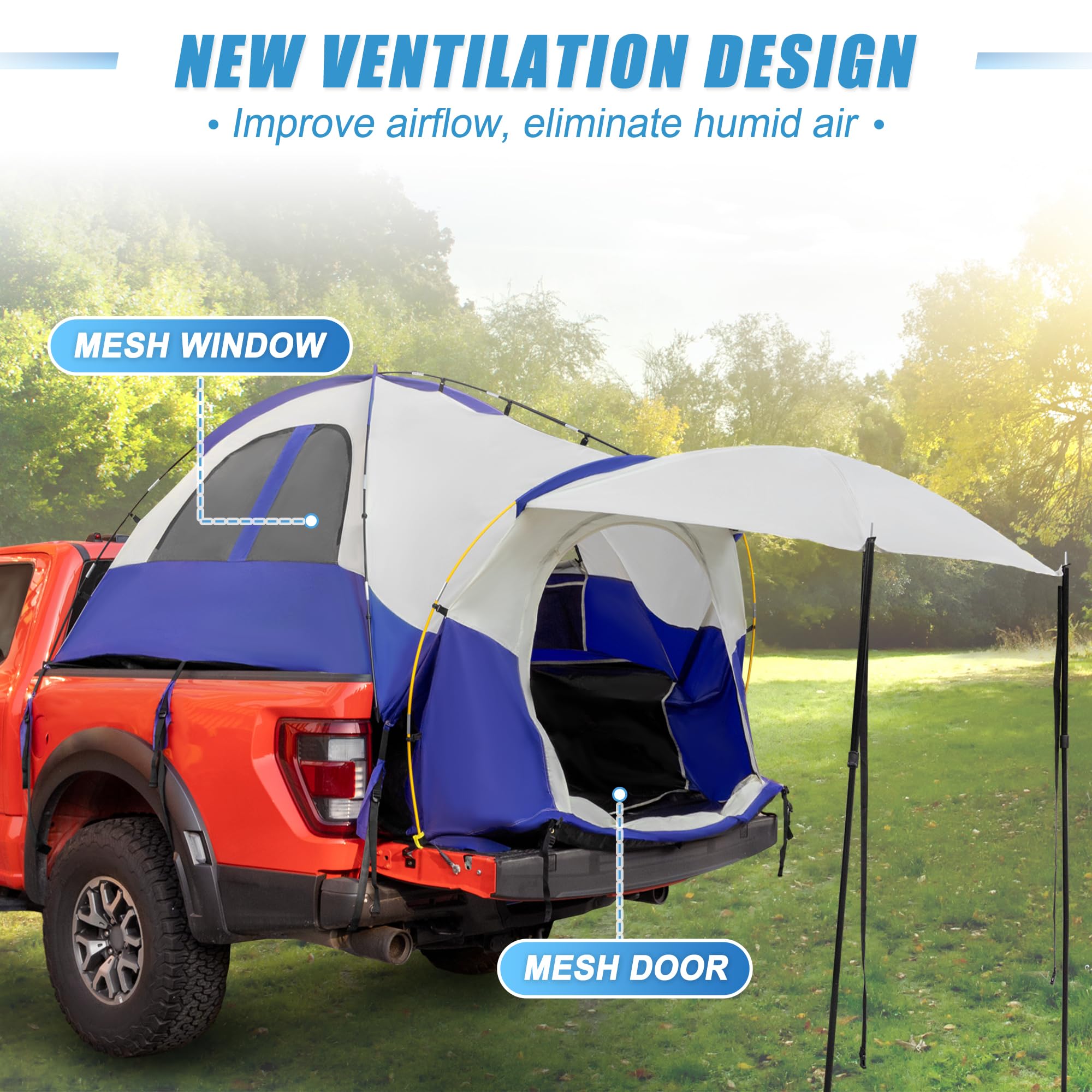 uxcell Waterproof P3000mm 6.4-6.7 FT Pickup Truck Tent - 2-Person Double Layer Truck Bed Camping Tent with Expandable Awning, Rainfly & Storage Bag - Perfect for Outdoor Adventures, Road Trips & Off-Grid Camping