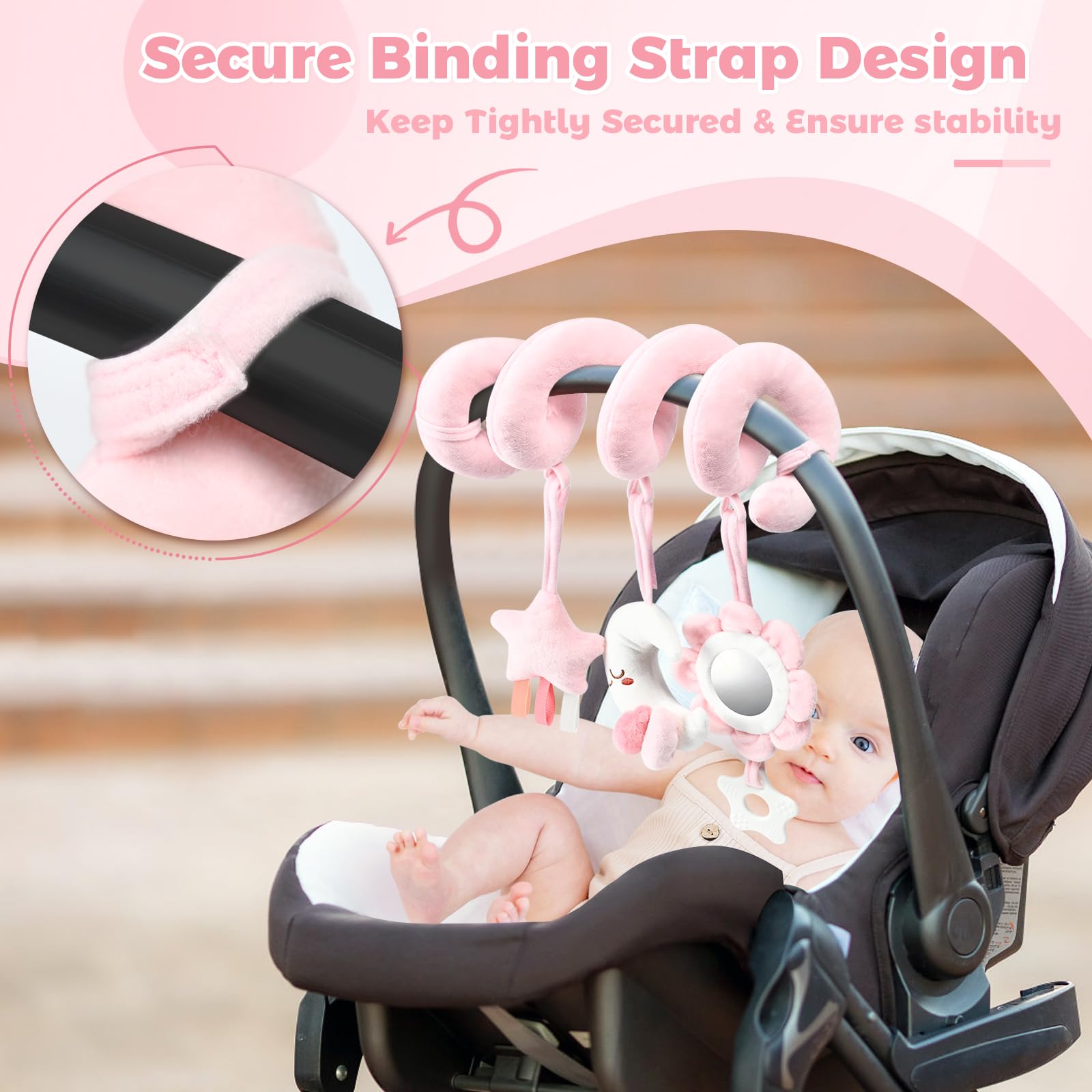 Spiral Baby Car Seat Toy with Mirror & Rattles - Newborn Gift for 0-12 Months - Perfect for Strollers & Cribs