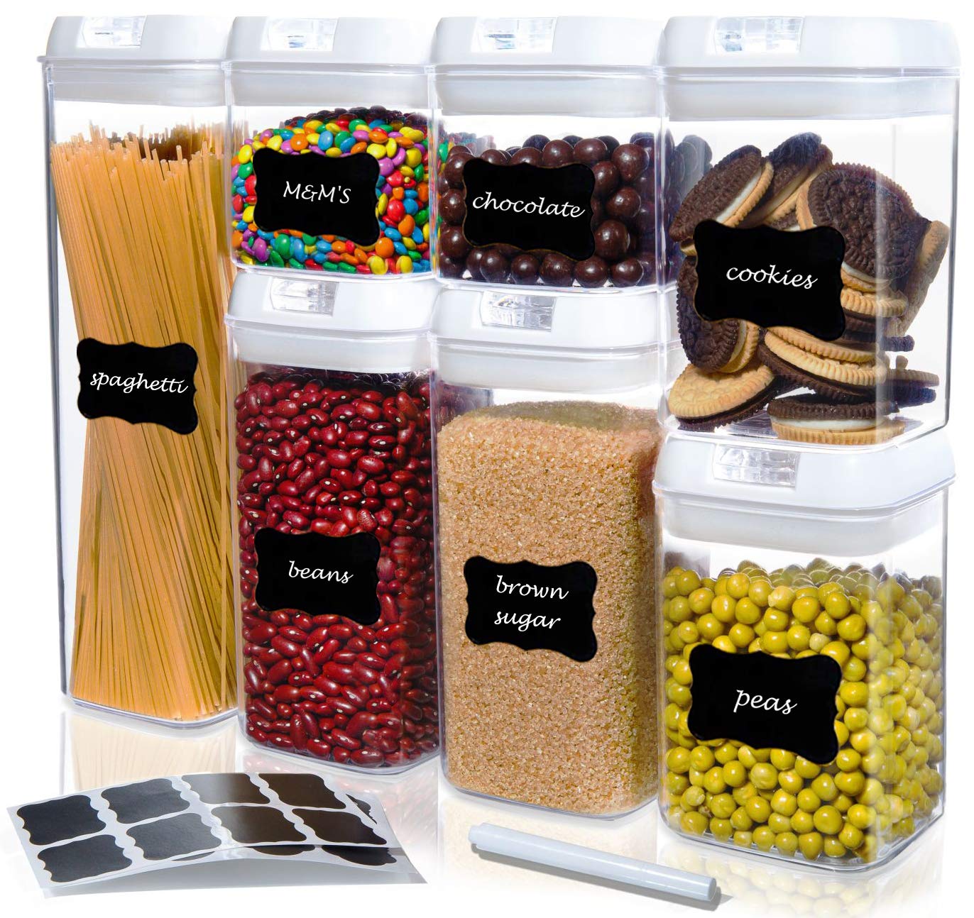 Airtight Food Storage Containers Set with Lids - 7-Piece BPA-Free Kitchen Pantry Organization Canisters for Cereal, Pasta & Dry Food | Includes Labels & Marker | Perfect for Meal Prep, Baking & Pantry Storage (White Lids)