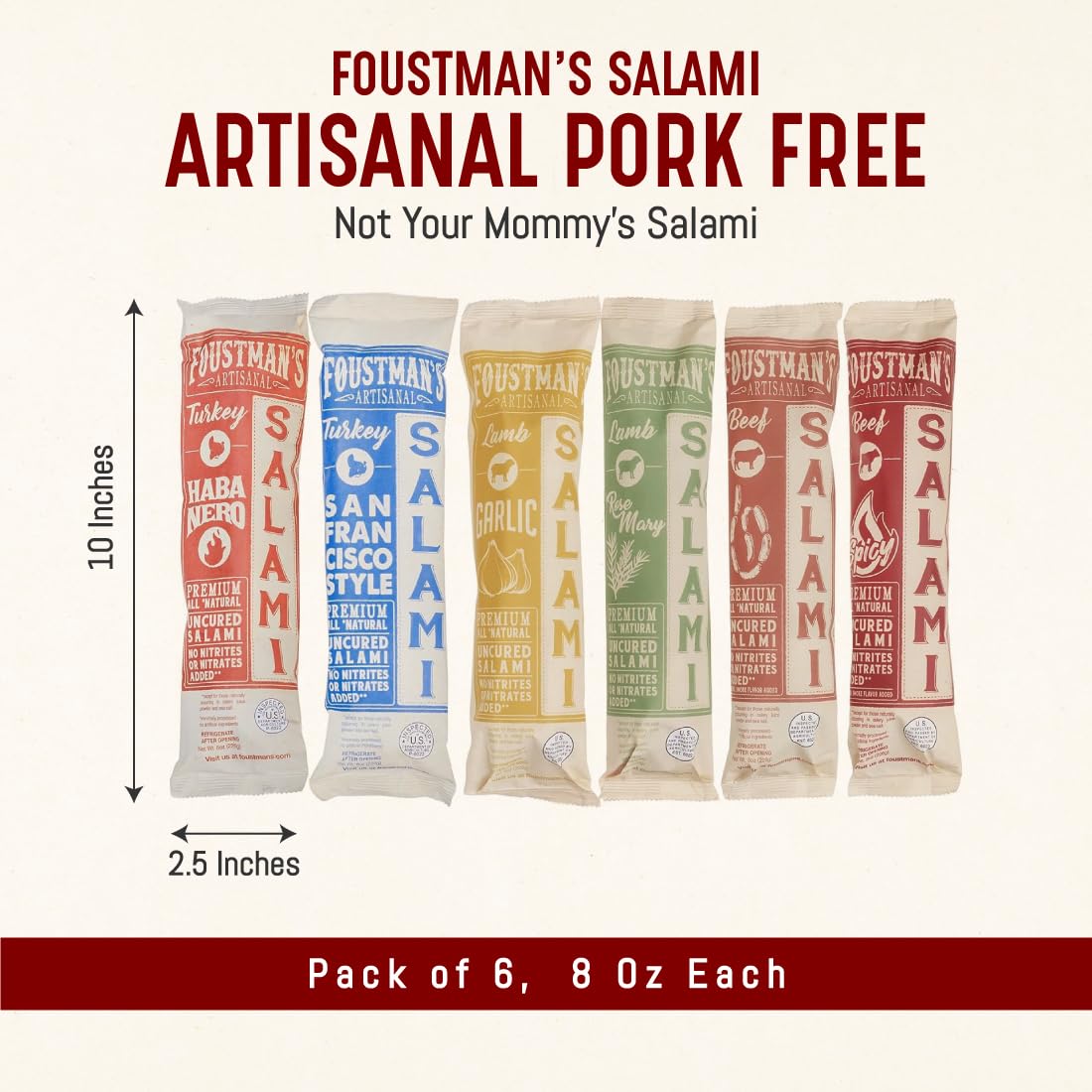 Foustman's Salami Variety Pack - 6 Nitrate-Free, Naturally Cured, Gluten-Free & Dairy-Free Sausages (San Francisco Style, Turkey Habanero, Spicy Beef, Lamb Garlic & Rosemary) 8oz Each - Perfect for Charcuterie Boards, Picnics & Keto Snacking