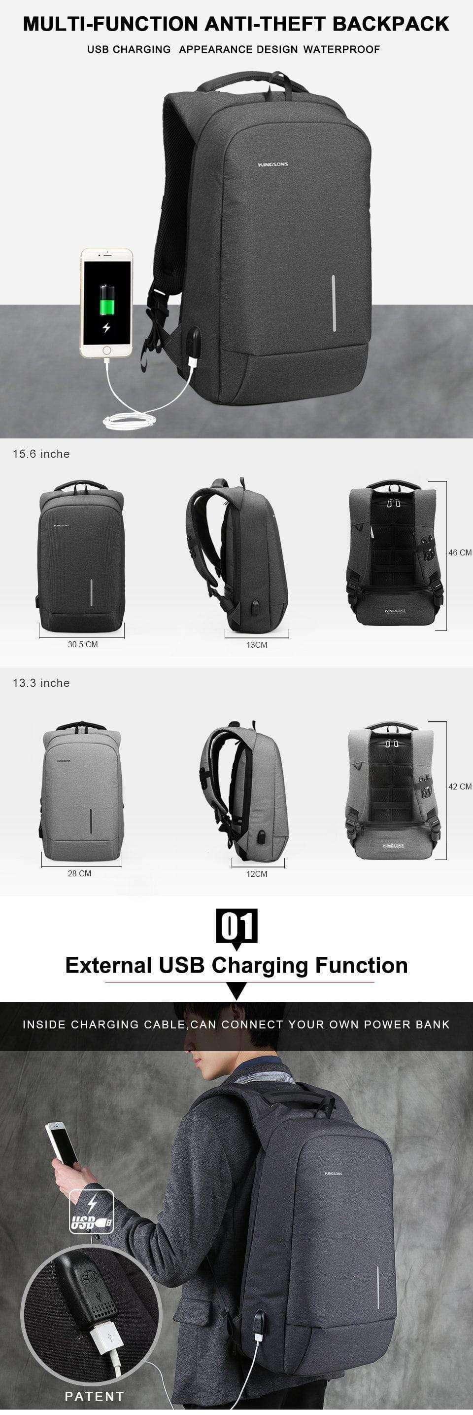 Kingsons Anti-Theft USB Charging Backpack - 15.6 Inch Waterproof Laptop Backpack for Travel, Work & School - Secure & Stylish