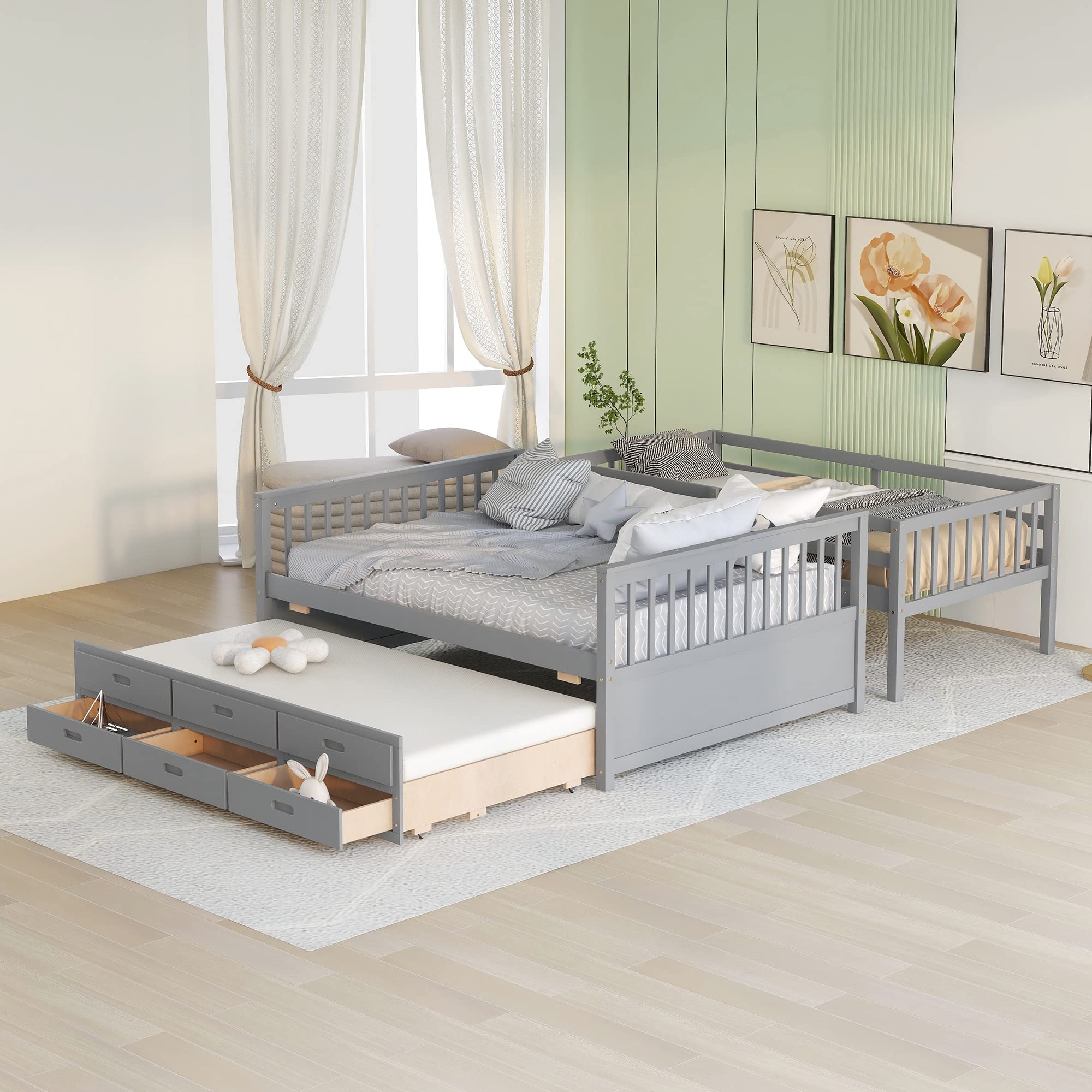Merax Twin Over Full Bunk Bed with Twin Trundle & 3 Storage Drawers - Solid Wood Bunk Bed Frame with Ladder in Grey | Space-Saving Kids Bedroom Solution for Siblings or Sleepovers