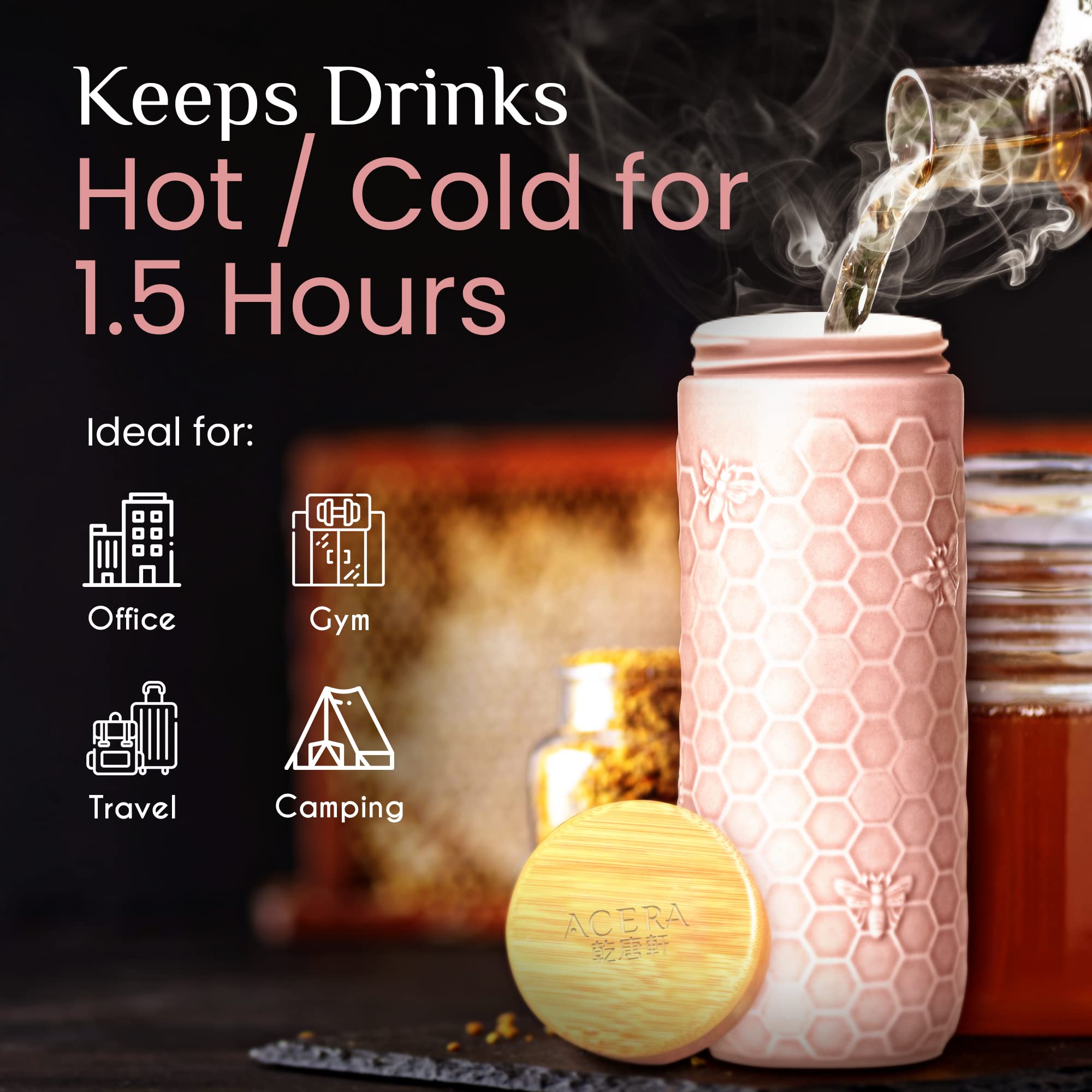 ACERA Liven - 16oz Ceramic Insulated Travel Mug with Leak-Proof Lid | Double Wall Vacuum Insulated Tumbler for Hot & Cold Drinks | Perfect for Coffee, Tea, Juice | Ideal for Office, Commuting, Hiking & Travel