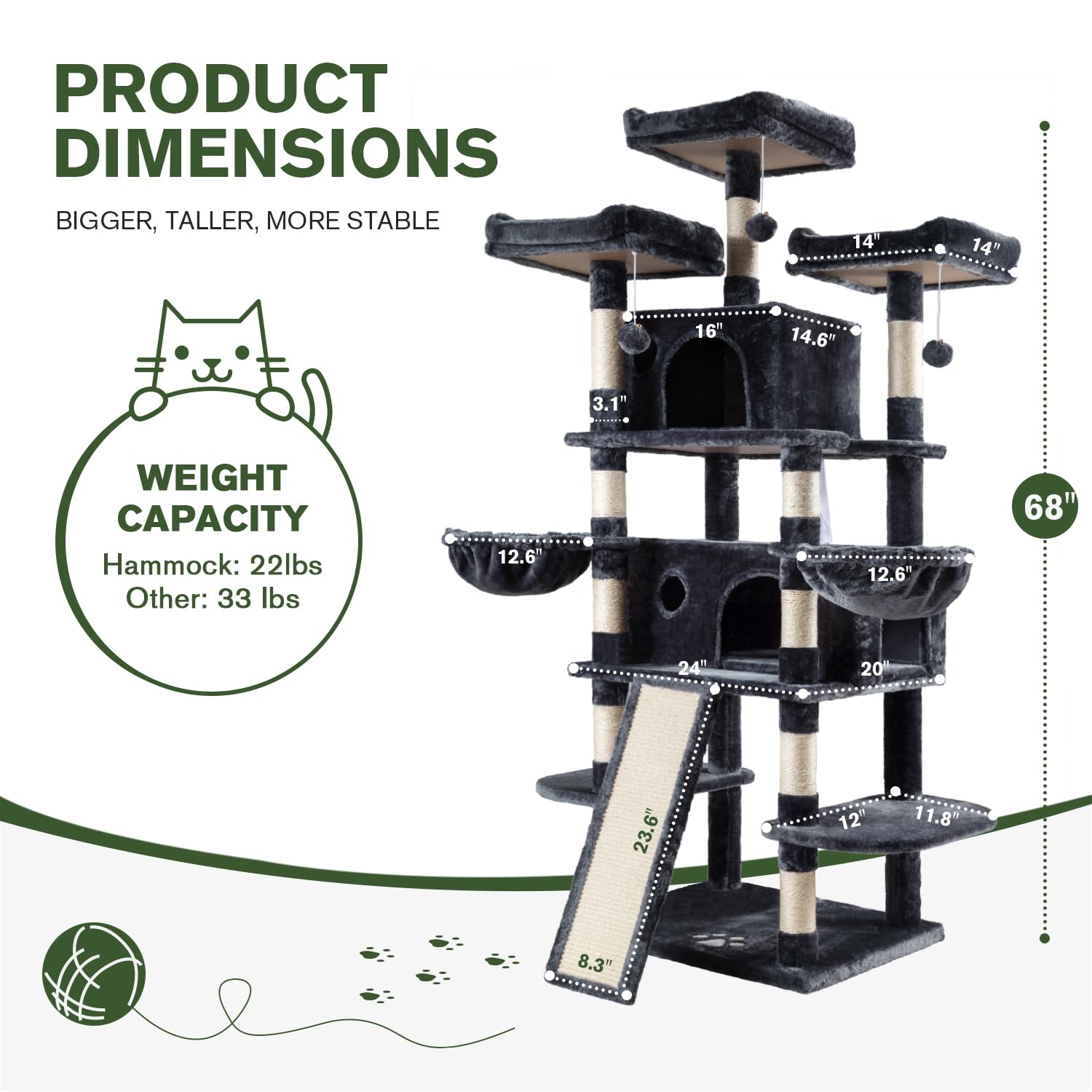 IMUsee 68 Inches Multi-Level Large Cat Tree for Big Cats - Sturdy Cat Tower with Condo, Plush Perches, Sisal Scratching Posts & Hammocks - Feline Activity Center & Playhouse in Smoky Grey - Perfect for Indoor Cats & Large Breed Kitties