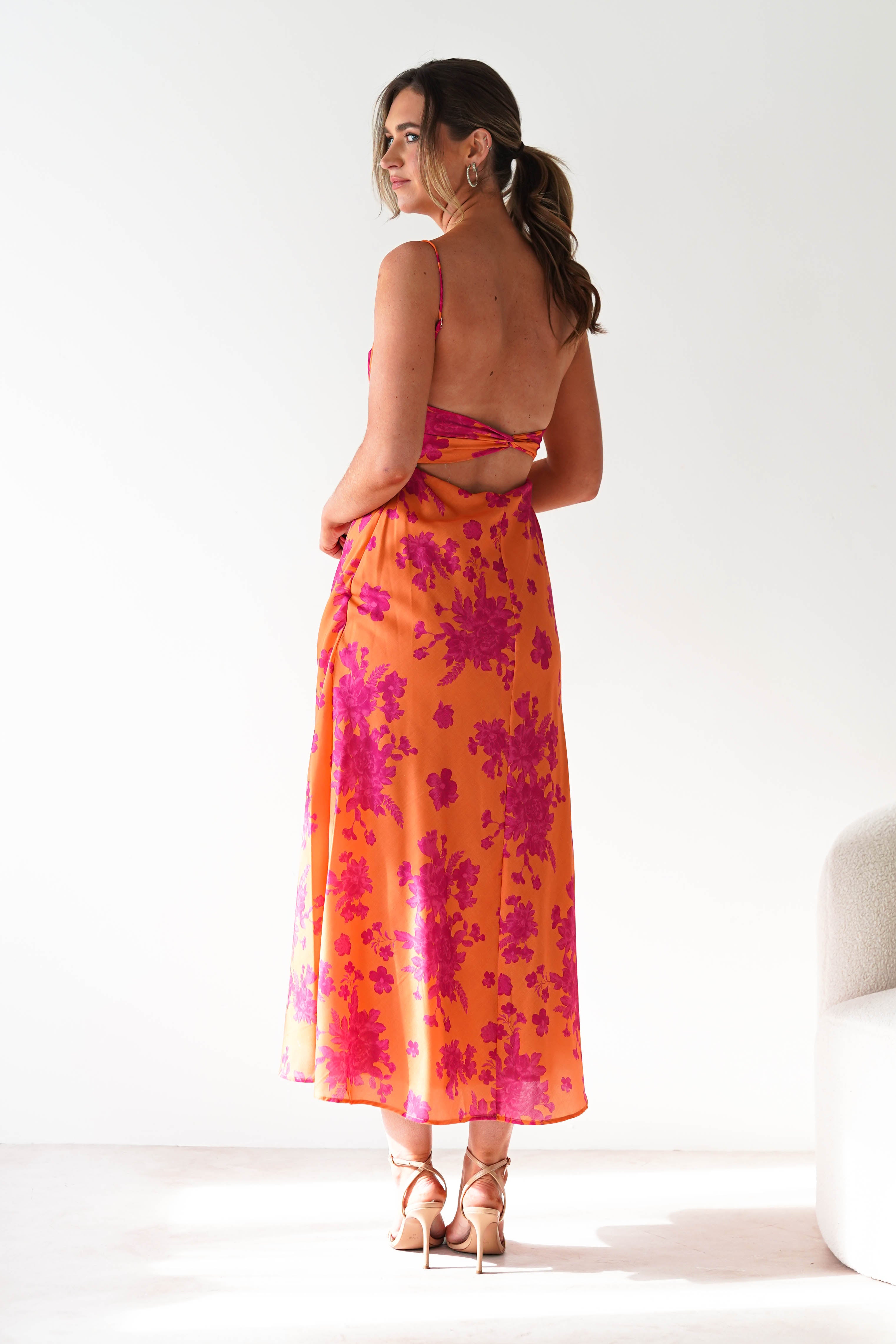 Gina Women's Floral Print Cotton Maxi Dress - Orange & Pink | Summer Beach Dress, Boho Chic Outfit, Casual Party Wear