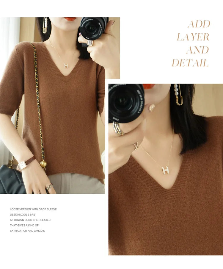 Solid Color V-Neck Half-Sleeve Cashmere Sweater for Women - Soft Thin Knit Casual Top for Office Wear & Fall Layering