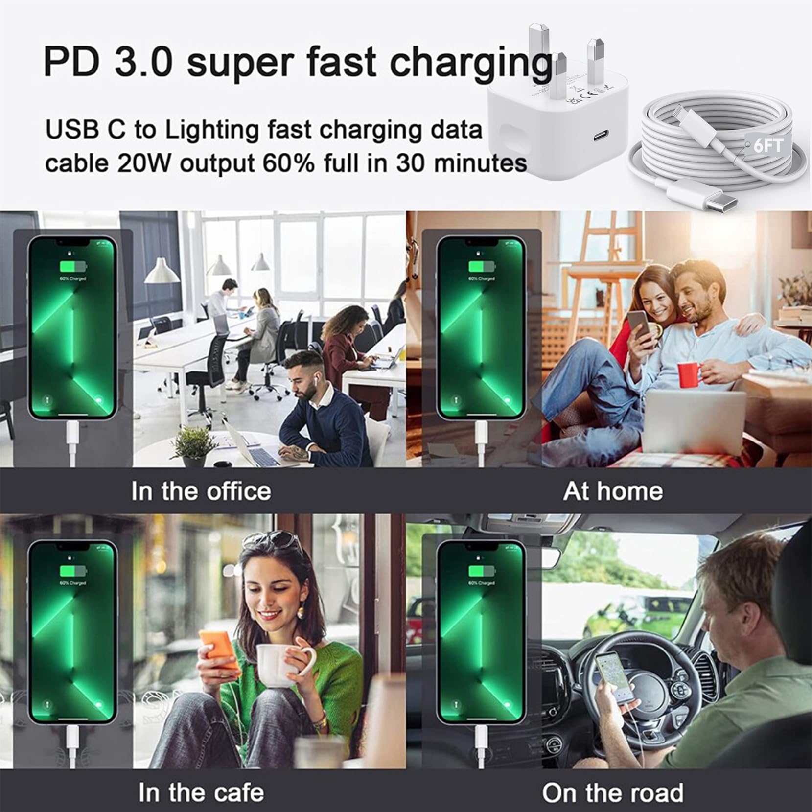 Apple Certified 20W USB-C Fast Charger & 6.6FT Cable - Compatible with iPhone 14/13/12/11 Pro/Pro Max/XS/X - Perfect for Home, Office & Travel Charging