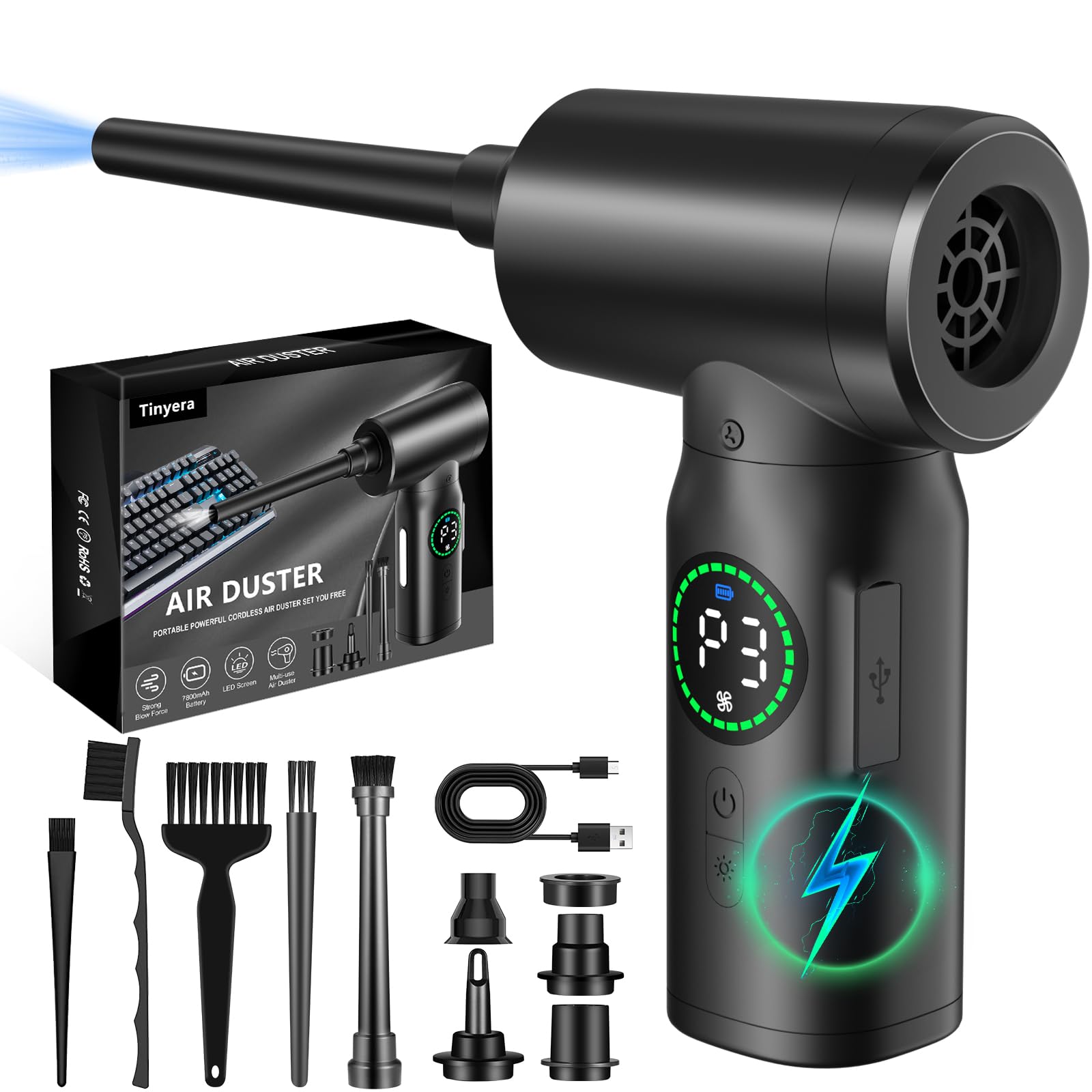 Upgraded 106,000 RPM Electric Air Duster - Cordless Keyboard Cleaner with 3 Speeds & LED Screen | Replaces Compressed Air Cans | 7800mAh Battery for Office, PC, Desk & Sofa Cleaning | Perfect for Electronics, Keyboards, Computer Components & Home Dusting