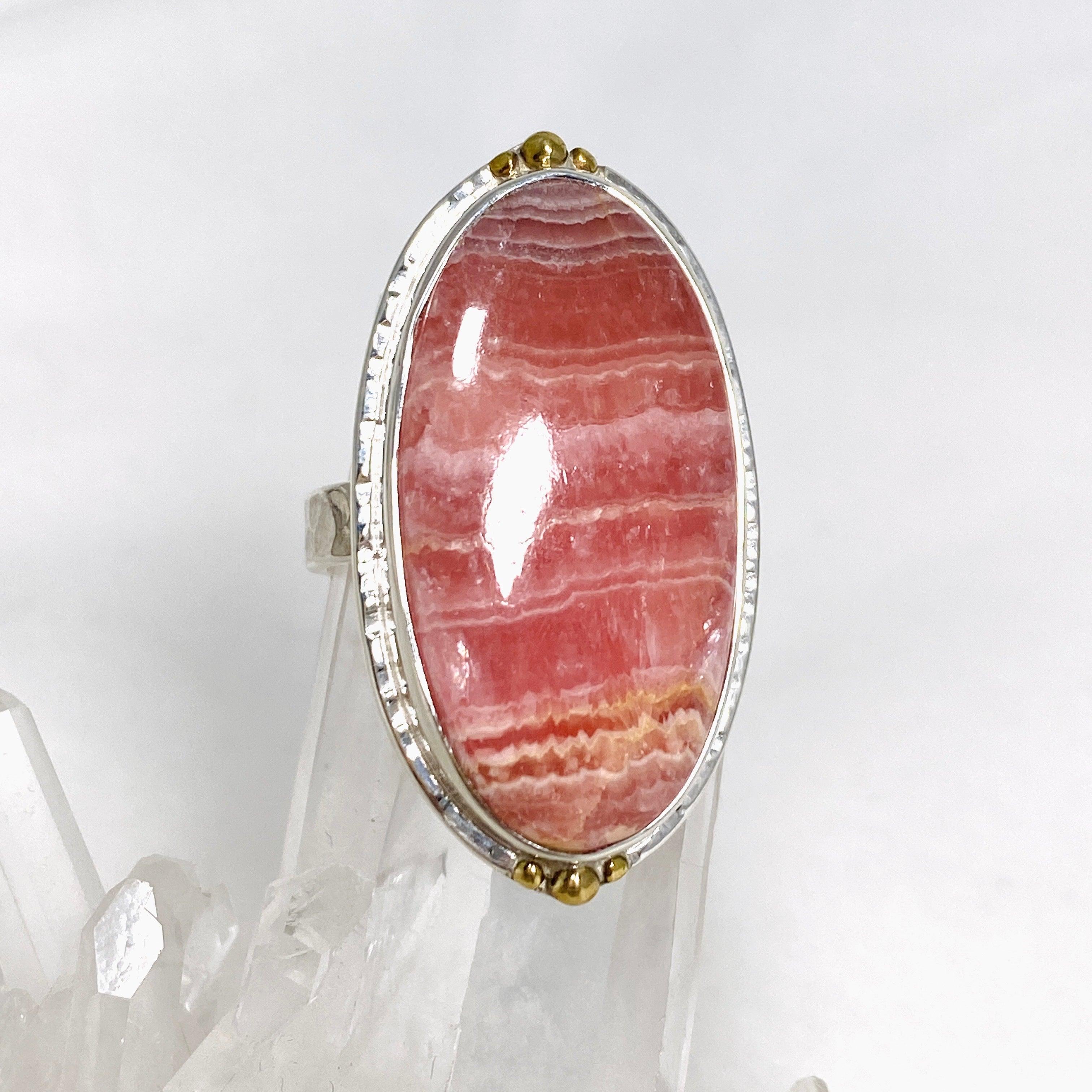 Rhodochrosite Oval Ring with Brass Accents - Size 10 Women's Jewelry KRGJ3166 | Elegant Gift for Valentine's Day, Anniversary & Special Occasions