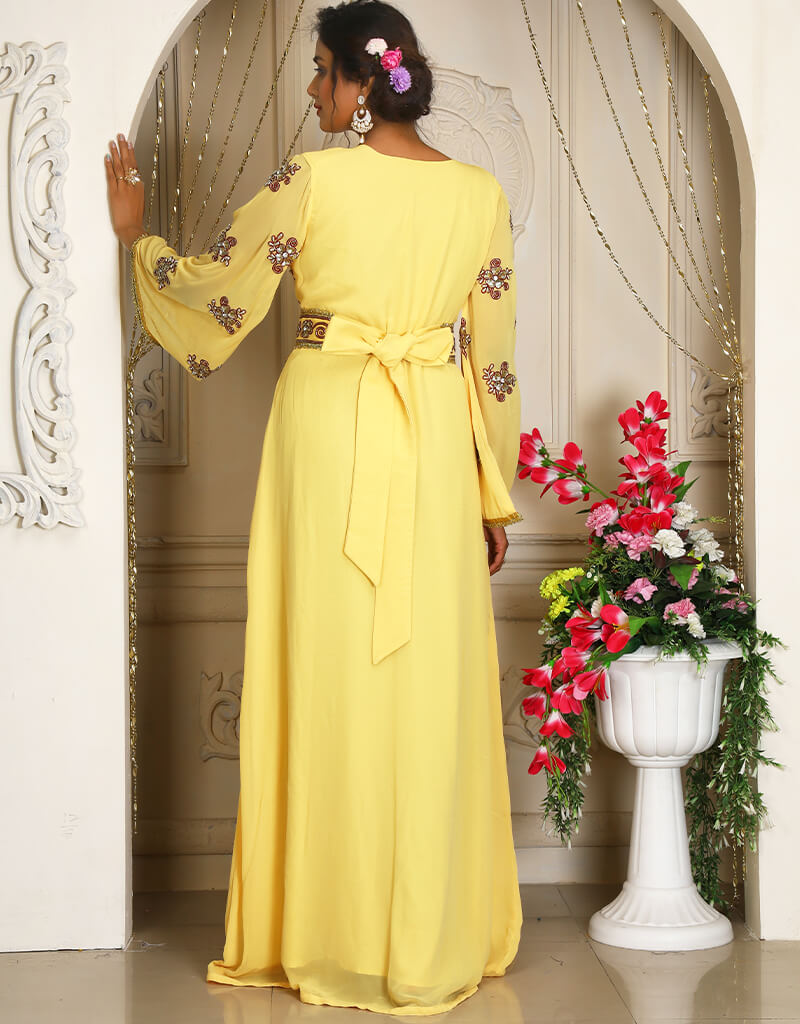 Exquisite Arabic Ivory Georgette Stone Embroidered Moroccan Caftan - Perfect for Weddings, Parties & Special Occasions