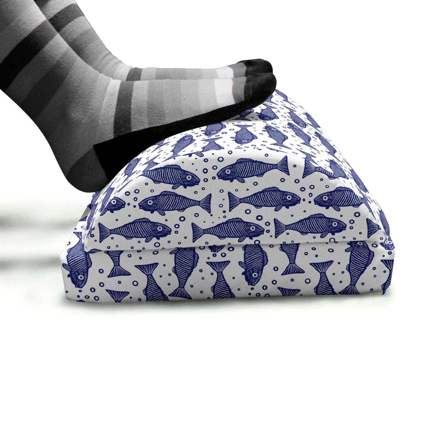 Ambesonne Nautical Memory Foam Foot Rest - Adjustable Ergonomic Leg Support with Non-Slip Backing, Monochrome Hand-Drawn Fish Pattern in Violet Blue & White - Perfect for Office, Home & Gaming Chairs