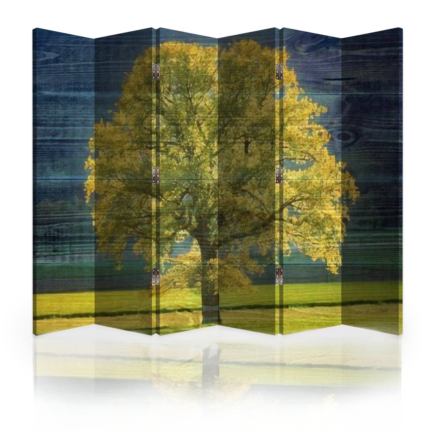 6-Panel Canvas Room Divider Screen - Solitary Oak Tree in Spring Western Switzerland Design | Folding Privacy Partition for Bedroom, Office & Living Room | Western Decor & Space Separator