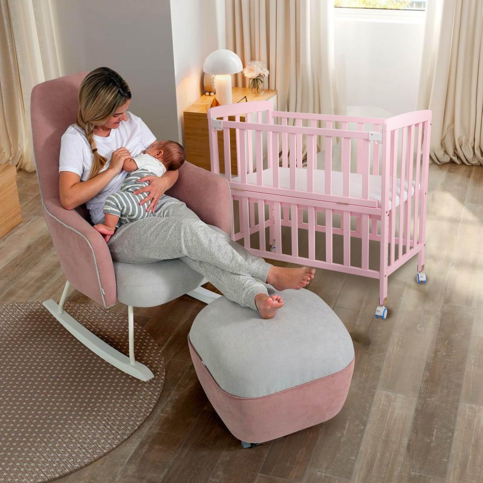 Portable Pine Wood Baby Bassinet Bedside Sleeper - Adjustable 6 Height Crib with Mattress for Newborns 0-12 Months, Space-Saving Nursery Bed for Girls (Pink) - Perfect for Co-Sleeping, Nursery Rooms & Small Spaces