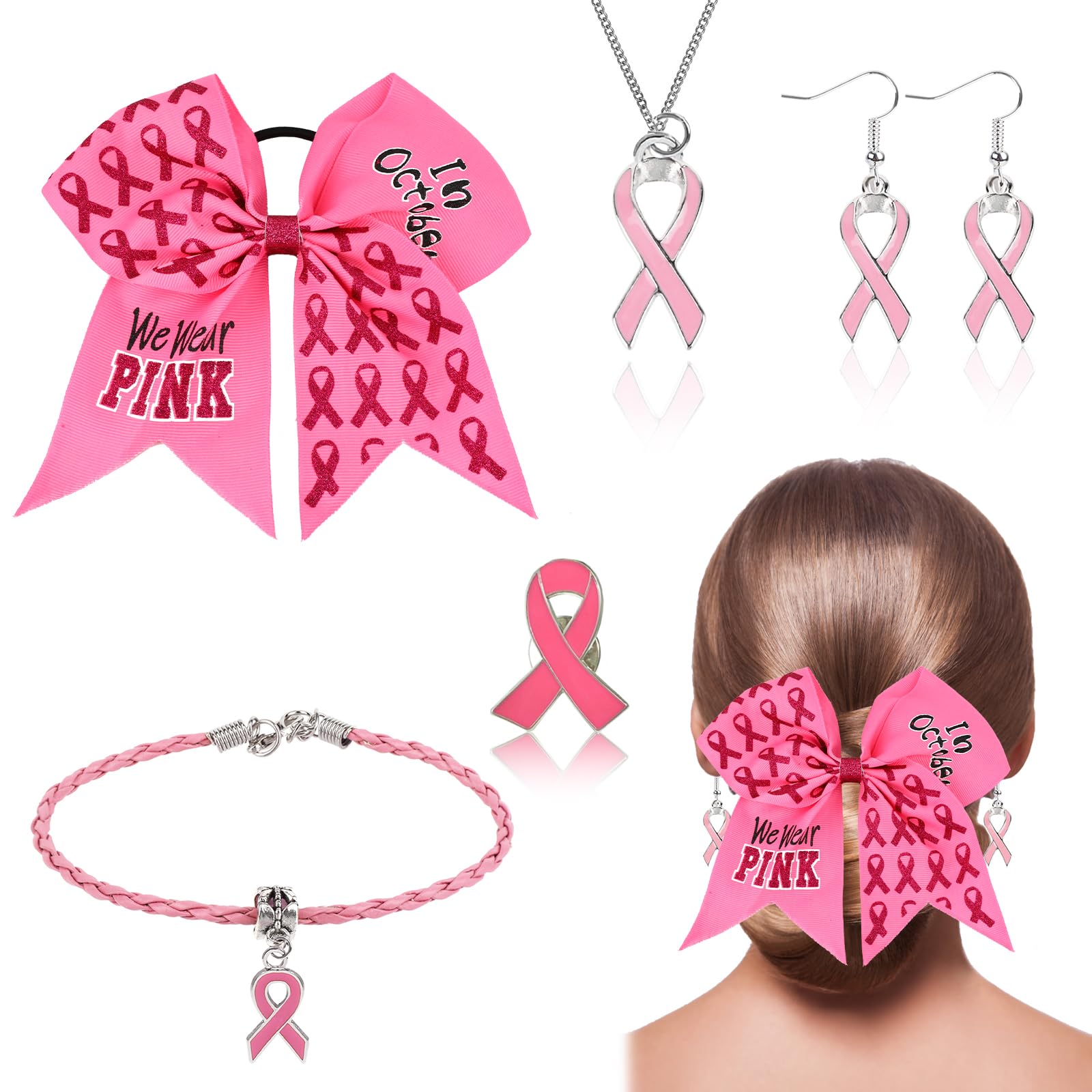 Pink Ribbon Breast Cancer Awareness Accessories Set - Hair Bow, Pin, Bracelet, Necklace & Earrings for Women - October Rose Support & Decor    Use Cases: Perfect for breast cancer awareness events, fundraising, survivor gifts, or showing solidarity during October Pink Ribbon Month.