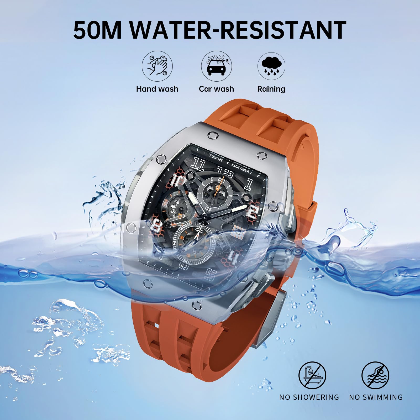 Luxury Men's Watch - 50M Waterproof Tonneau Chronograph with Japanese Quartz Movement & Silicone Band - Perfect for Business, Casual Wear & Gifts for Men