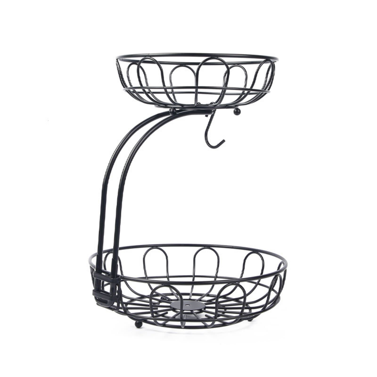 2 Tier Wrought Iron Fruit Basket - Kitchen Countertop Storage Organizer with Removable Wire Bowls & Banana Hanger - Perfect for Storing Fruits, Vegetables in Dining Room, Pantry or Breakfast Nook