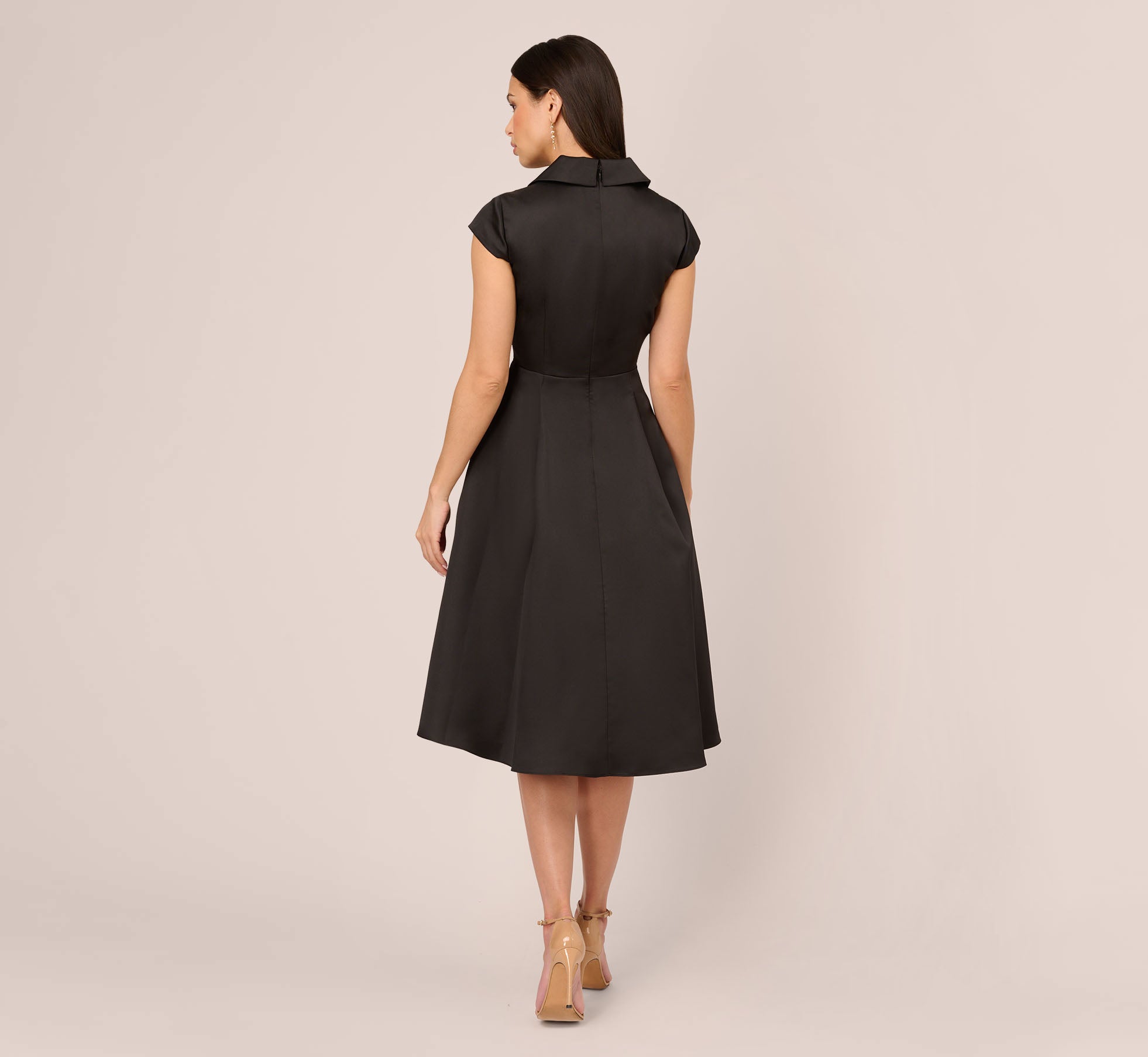 Elegant Cap Sleeve Mikado Midi Dress with High-Low Hem - Black Formal & Cocktail Party Wear