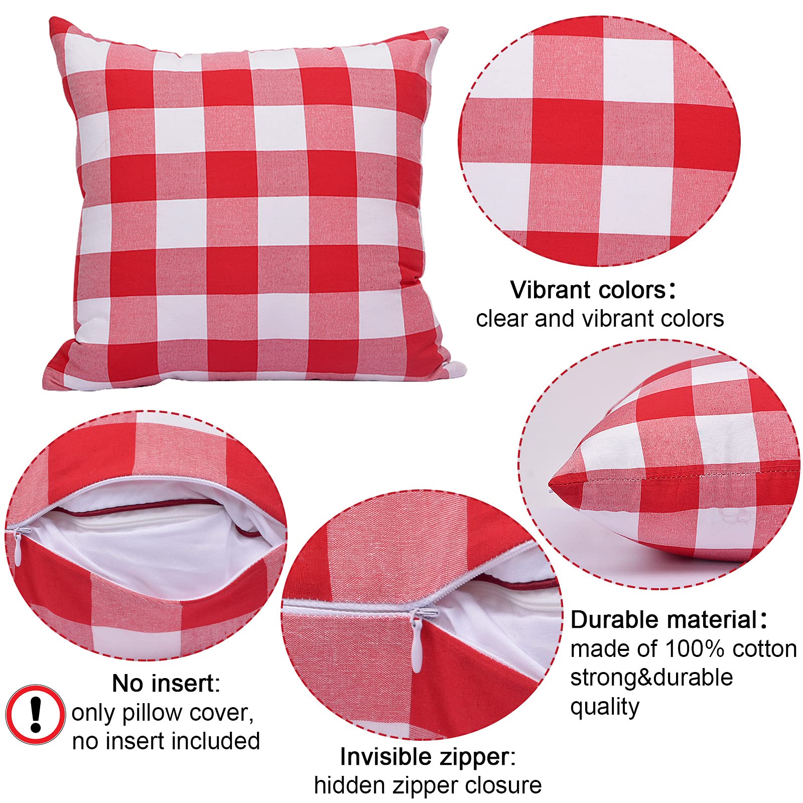Yuboo Red and White Gingham Pillow Covers Set of 4 - 18x18 Inch Buffalo Plaid Throw Pillow Covers for Couch, Sofa, Valentine's Day, Mother's Day & 4th of July Decor - Perfect for Farmhouse, Rustic & Holiday Home Decor