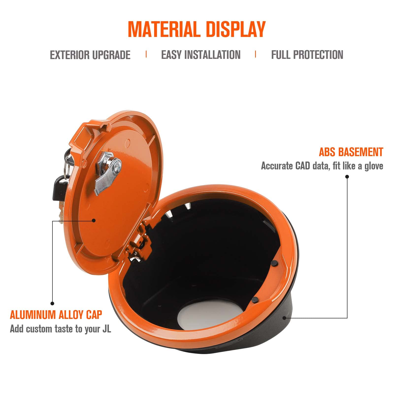 JeCar Locking Fuel Filler Cover - Aluminum Alloy Gas Tank Door for Jeep Wrangler JL & Unlimited (2018-2023) - Anti-Theft Exterior Accessory in Orange - Perfect for Off-Roading & Vehicle Security Protection