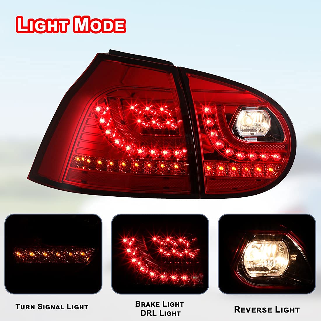 ROXX LED Tail Lights Assembly for 2006-2009 Volkswagen Golf 5/GTI & Rabbit - Direct Replacement with DRL, Turn Signal & Brake Lights (Pair, Driver & Passenger Side) - Upgrade Your Car's Style & Safety for Night Driving & Daily Commutes