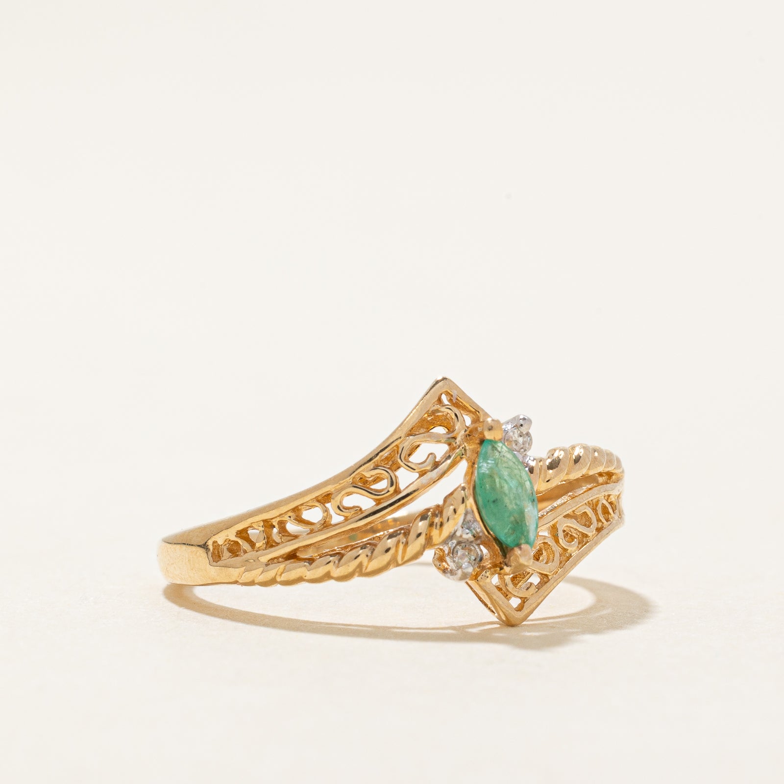 Emerald & Diamond Bypass Ring - 0.08ct Emerald & 0.01ctw Diamonds - Size 5.5 - Elegant Wedding Band, Anniversary Gift for Her, Perfect for Special Occasions & Everyday Luxury