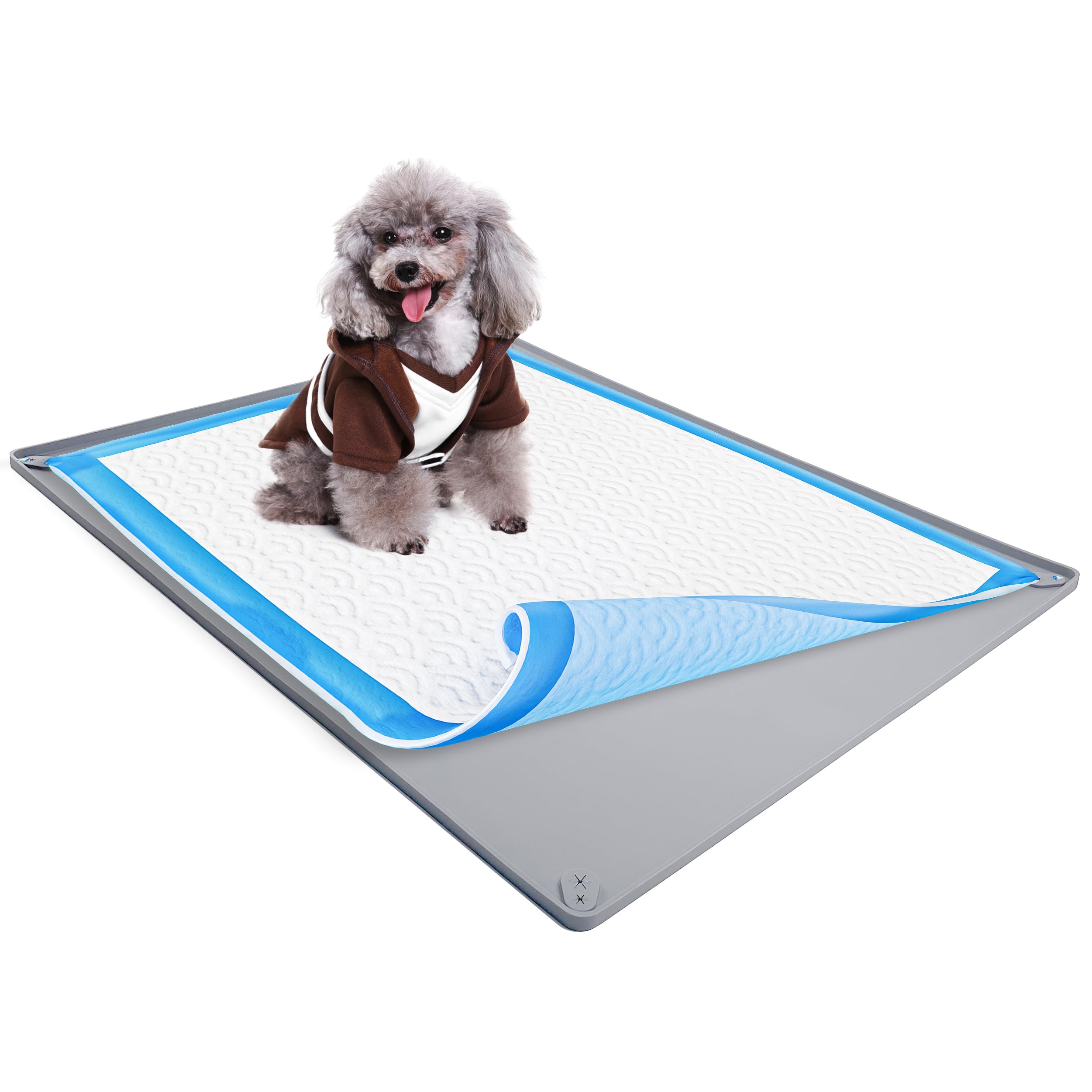 Skywin 28x34 Inch Pee Pad Holder Tray for Dogs - No Spill Puppy Pad Holder, Easy to Clean & Store, Silicone Training Pad Tray (Light Grey) - Perfect for Puppy Training, Housebreaking & Indoor Pet Use