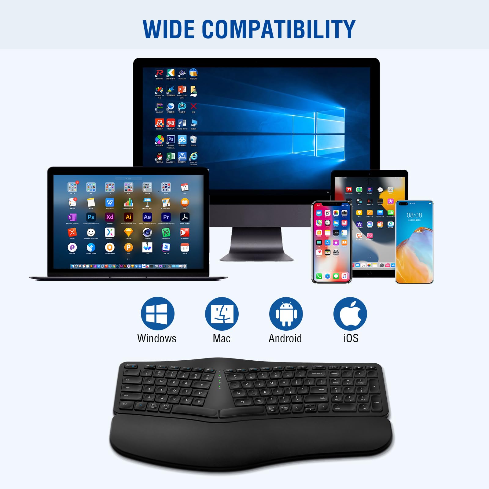 Ergonomic Wireless Keyboard - Rechargeable Bluetooth & 2.4G Split Keyboard with Cushioned Wrist Rest for Windows Mac Android iOS - Multi-Device Comfort Typing for Office, Gaming & Home Use