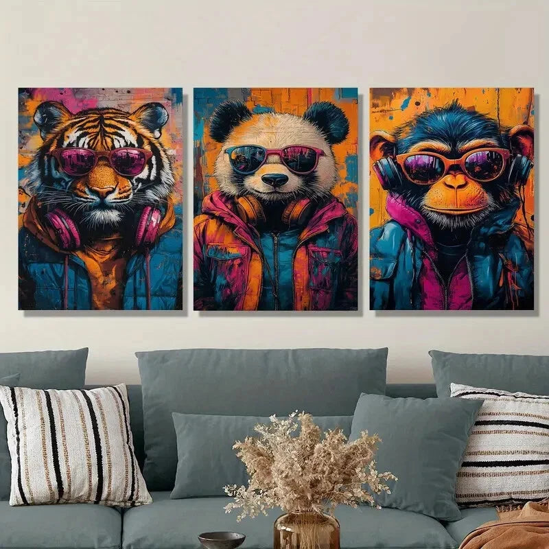 3-Piece Animals Wearing Glasses & Headphones Wall Art Set - 40x60cm Framed Canvas Prints | High Quality Australian Made | Ready to Hang | Perfect for Living Room, Bedroom & Office Decor