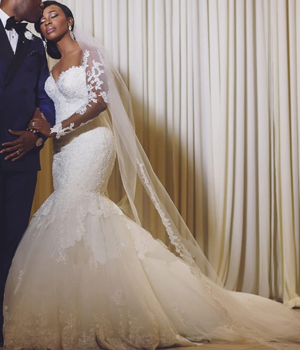 Elegant Plus Size Long Sleeve Mermaid Wedding Dress with Lace Detailing - Perfect for Bridal Ceremonies, Beach Weddings & Formal Events