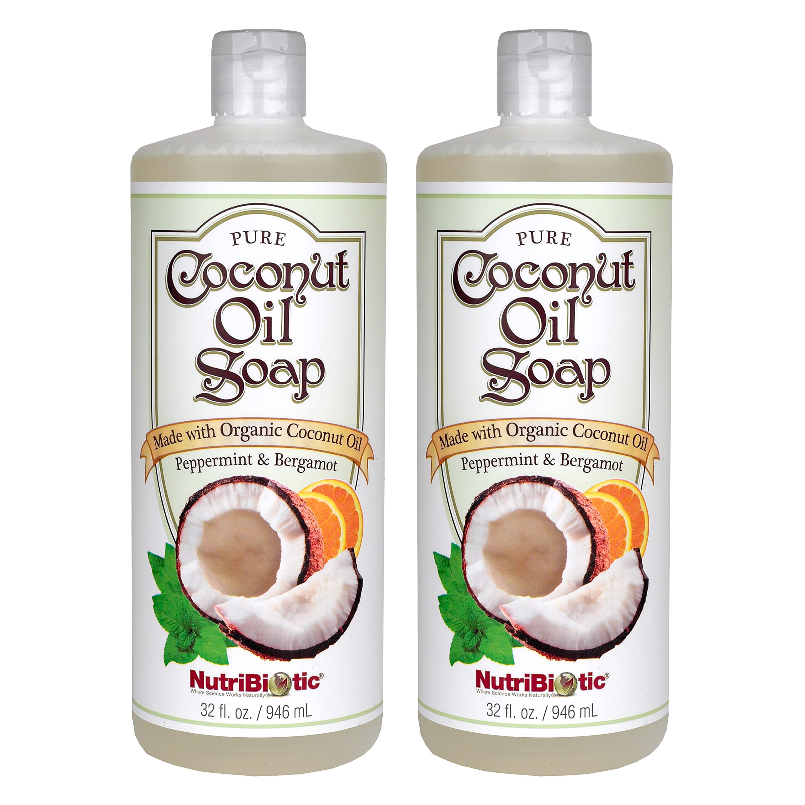NutriBiotic Organic Coconut Oil Soap with Peppermint & Bergamot – 32 Oz Twin Pack | USDA Certified, Biodegradable, Vegan | GMO-Free, Gluten-Free, No Parabens or Sulfates | Rich Lathering for Deep Cleansing | Perfect for Sensitive Skin & Eco-Friendly Bathing