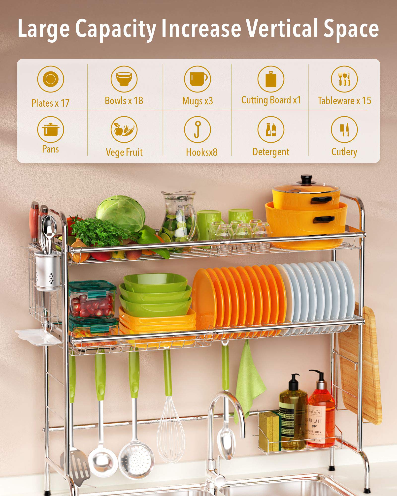 2-Tier Stainless Steel Over The Sink Dish Drying Rack with Utensil Holder Hooks - Large Kitchen Organizer & Above Sink Dish Drainer (Silver) - Perfect for Small Kitchens, Apartments, and Countertop Space Saving