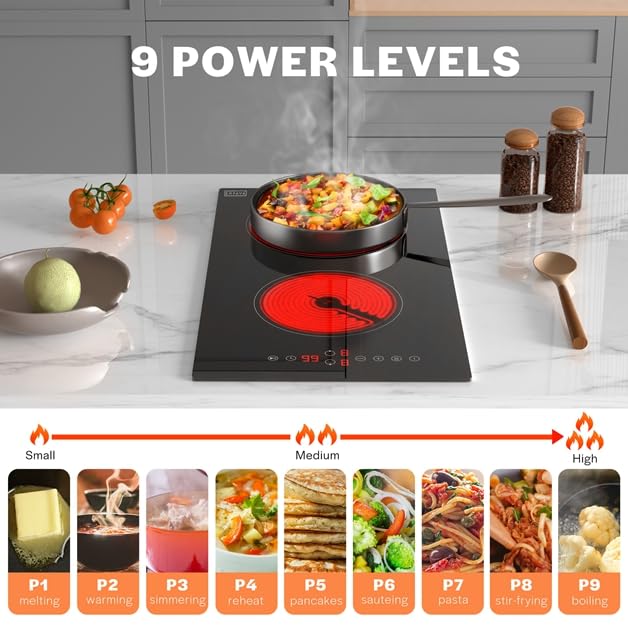 Empava 2 Burners Electric Cooktop 12 Inch - 3000W Radiant Stove with Child Safety Lock, Timer & Overheat Protection - Compatible with All Cookware - 220-240V Hardwired (No Plug) - ETL Certified Black - Perfect for Home Kitchen, RV, Apartment & Small Spaces