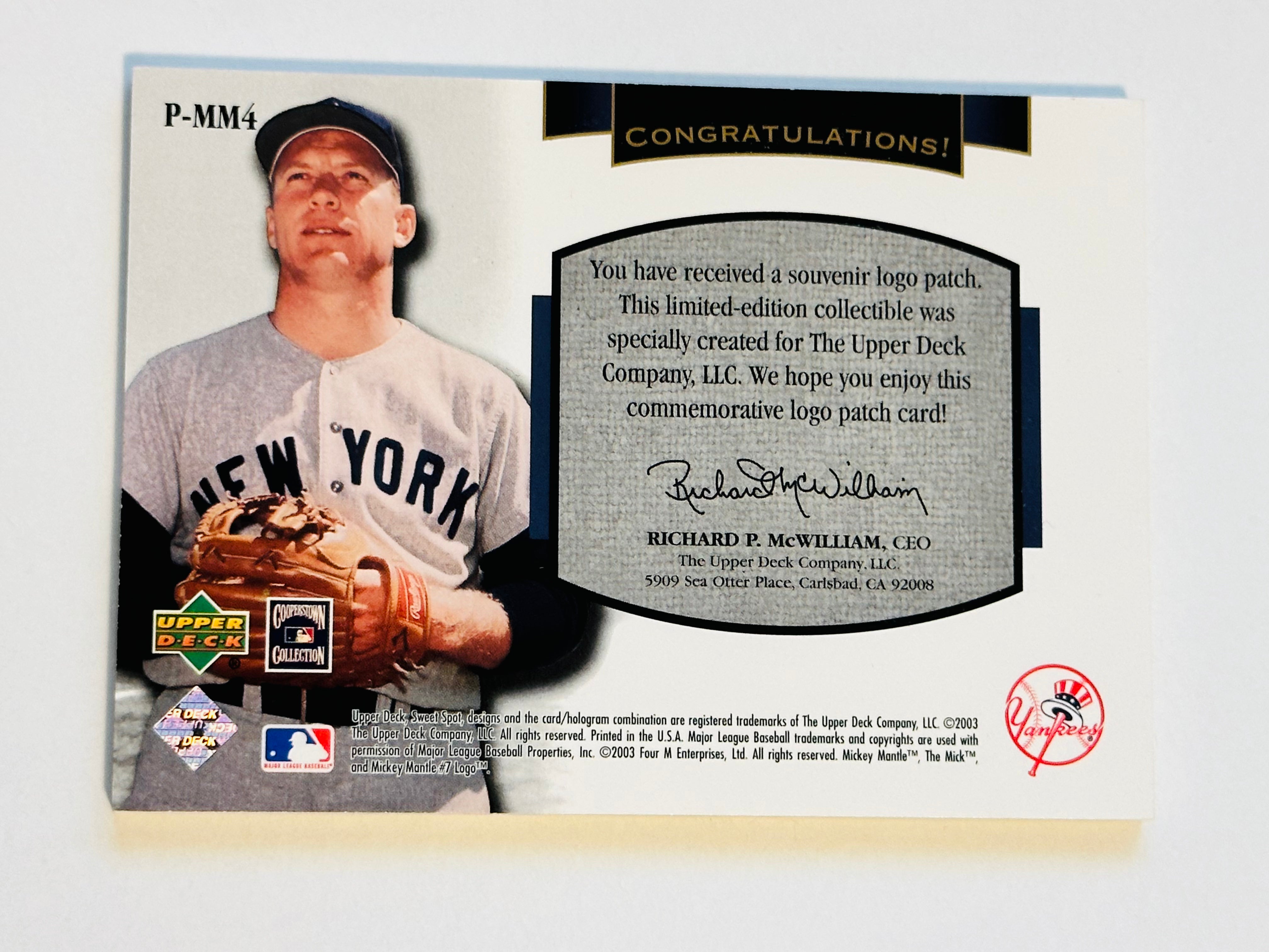 Rare 2003 Upper Deck Mickey Mantle Commemorative Logo Patch Insert Card - Perfect for Baseball Memorabilia Collectors & Sports Fans Display