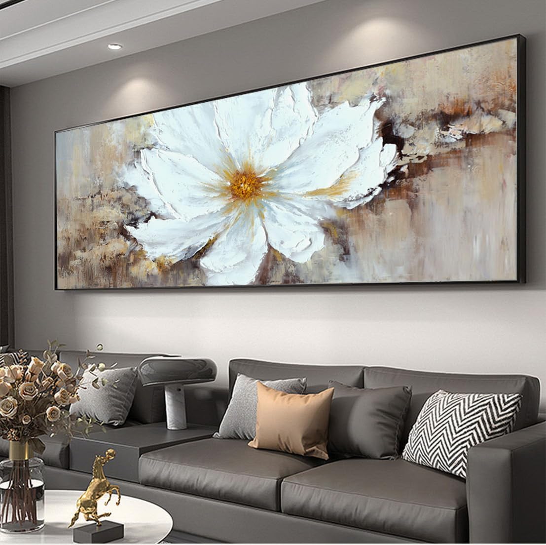 Hand-Painted White Floral Oil Painting on Canvas - Large Framed Wall Art for Bedroom & Living Room Decor - Modern Black Frame Ready to Hang (24x56 inches) - Perfect for Home, Office, and Wedding Venue Decoration