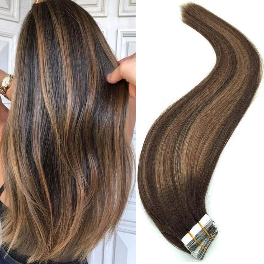 Brazilian Human Hair Extensions Tape - 20PCS 50G Real Remy Hair Extensions with Balayage Highlights (Color #4 Brown Ombre & #27 Blonde Mixed) - Natural Tape-In Hair for Women | Perfect for Daily Styling, Parties & Special Occasions