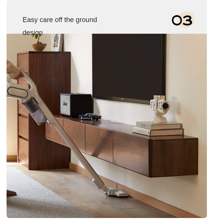 Black Walnut Solid Wood Floating TV Stand - Wall Mounted Entertainment Center for Living Room, Bedroom & Home Theater