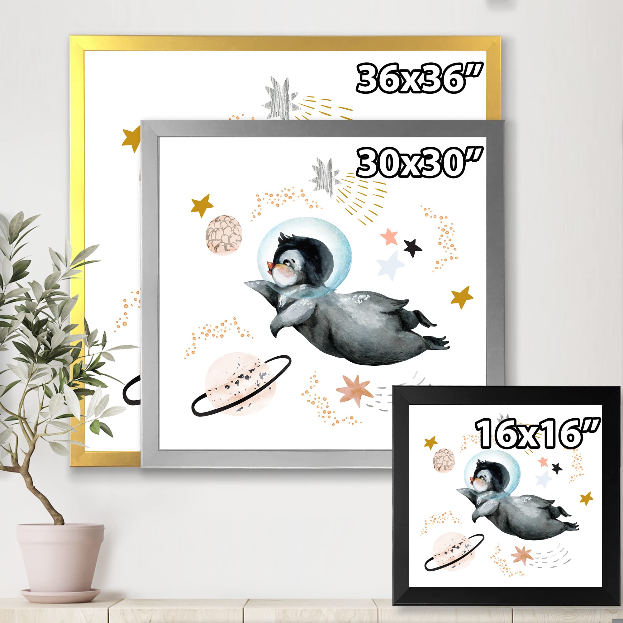 DesignQ Little Penguin Flying Stars and Planets II - Farmhouse Framed Wall Art Decor for Living Room, Nursery & Kids Bedroom