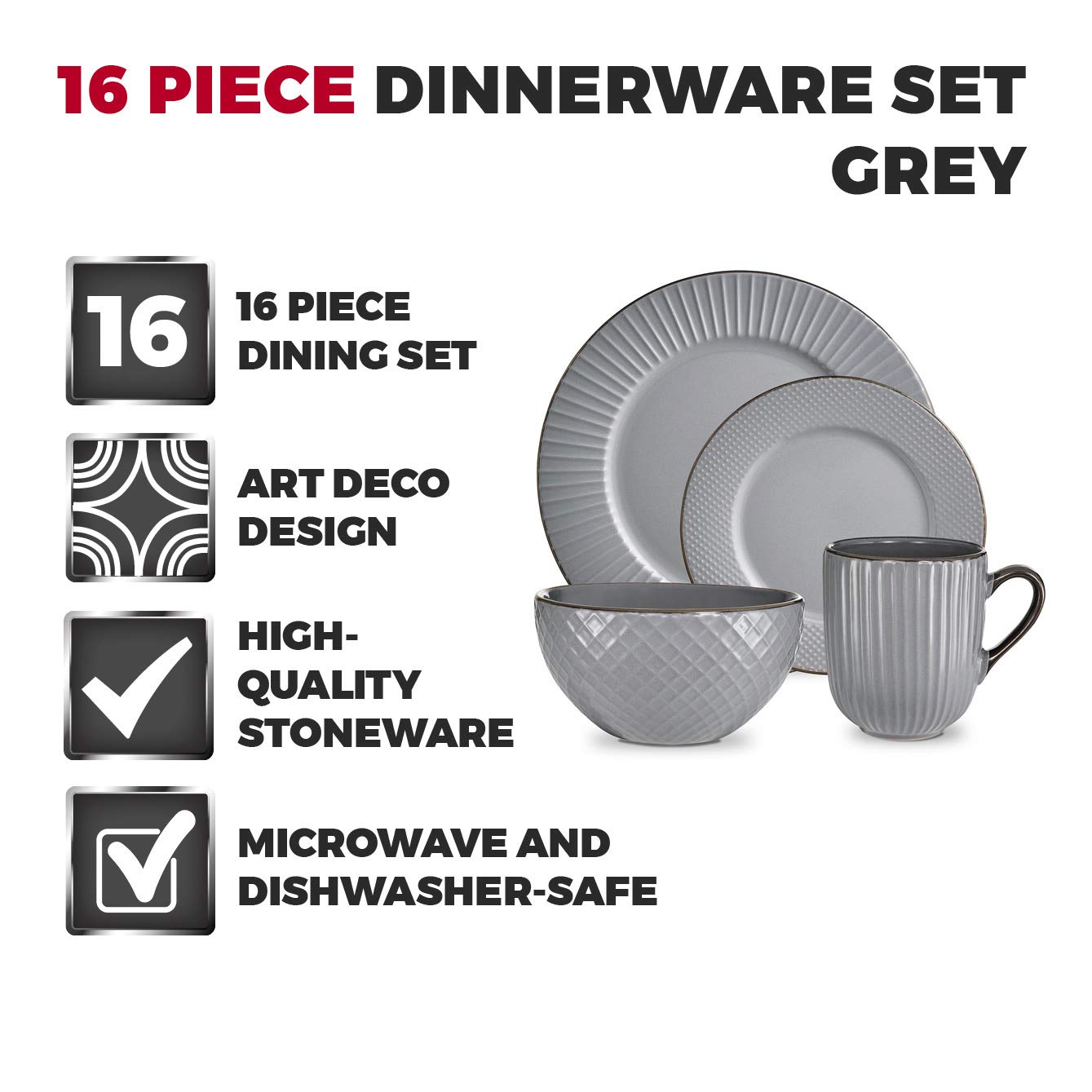 Empire 16-Piece Stoneware Dinnerware Set in Grey and Brass - Elegant Tableware for Everyday Dining & Entertaining | Tower T867002GRY