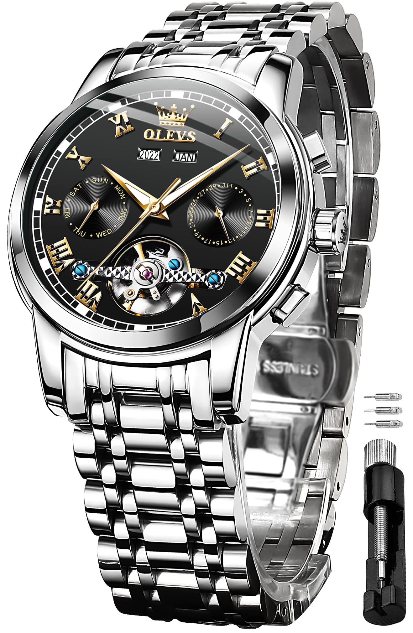 OLEVS Automatic Self-Winding Men's Watch - Stainless Steel Mechanical Dress Watch with Tourbillon, Dual Calendar, Waterproof & Luminous - Perfect for Business, Formal Events & Luxury Gifts