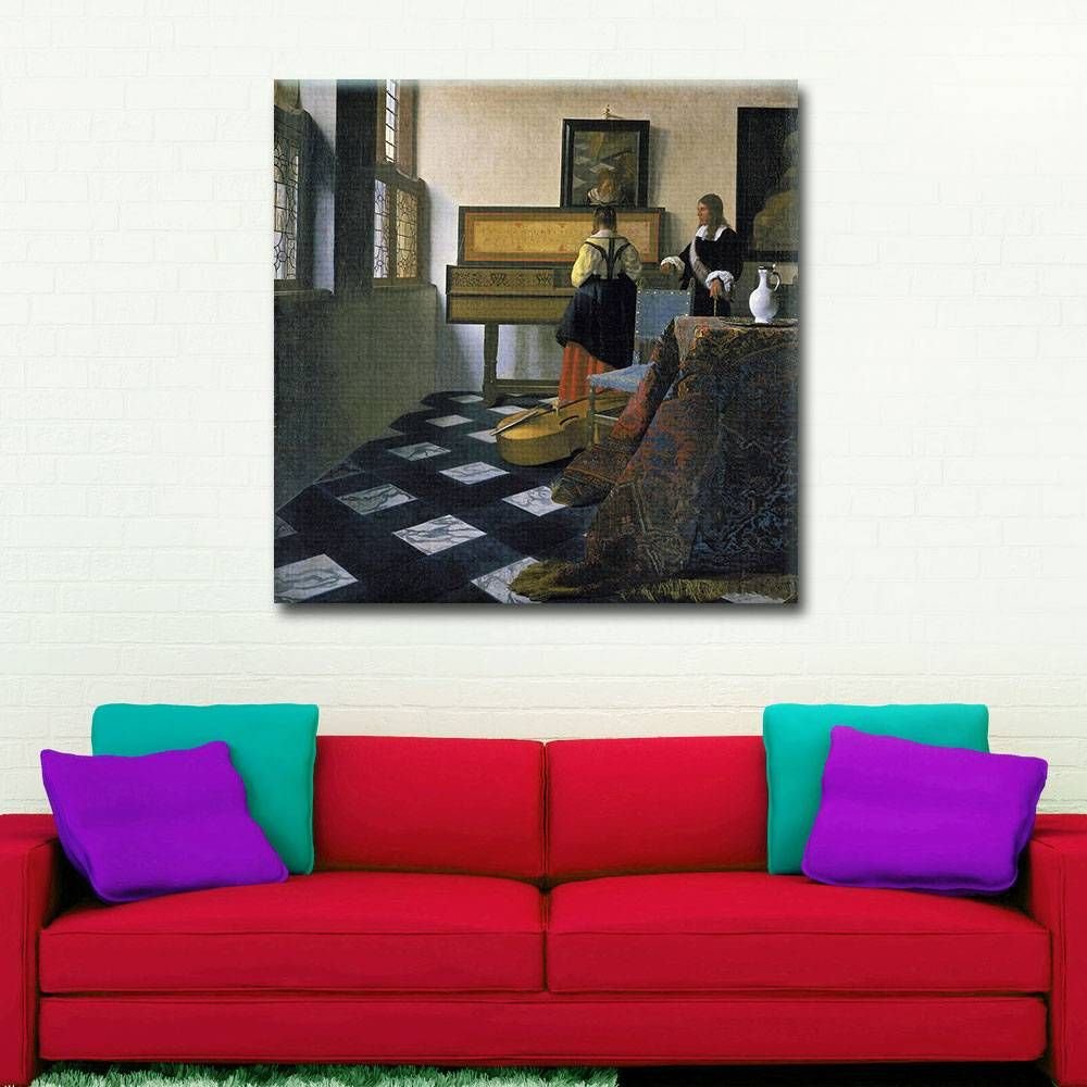 Johannes Vermeer 'The Music Lesson' Framed Canvas Wall Art - 32x32 Inch (81x81cm) Ready to Hang Gallery Wrapped Synthetic Painting - HD Reproduction for Living Room, Bedroom & Kitchen Decor