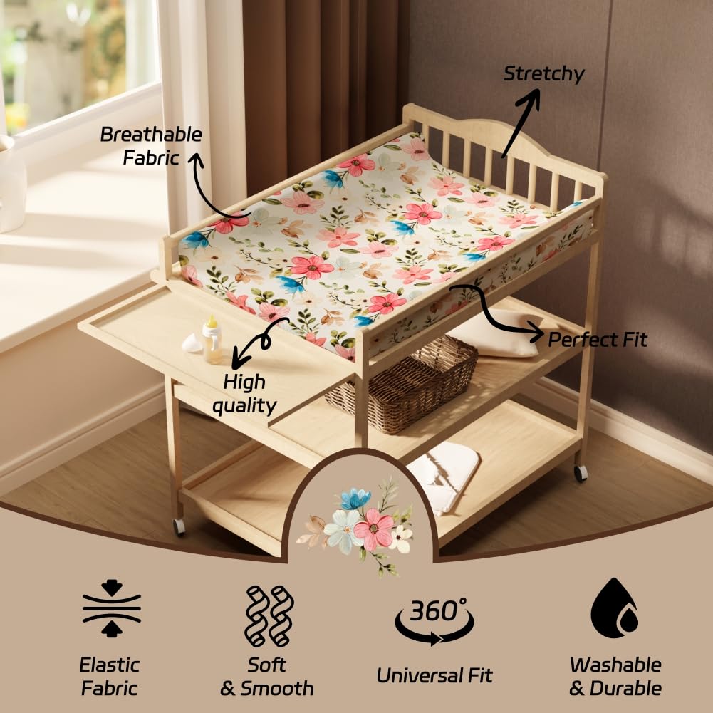 4 Pack Baby Girl Changing Pad Covers - Soft Breathable Fitted Floral & Elephant Theme Crib Sheets for Newborn & Toddler Girls | Nursery, Diaper Changing Station & Travel Use (Flower Pattern)