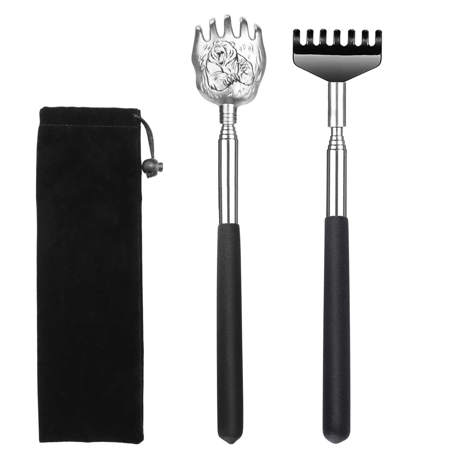 Upgraded 2 Pack Portable Extendable Back Scratcher - Stainless Steel Telescoping Massage Tool with Carrying Bag for Men & Women (Black) - Perfect for Home, Office, Travel & Gift Giving