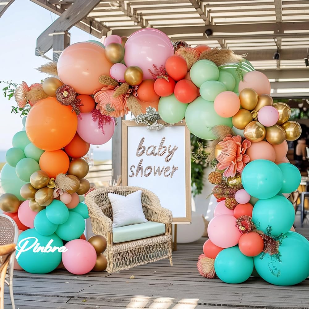 Pastel Balloons Garland Kit - Coral Pink, Teal Blue, Light Green, Orange & Gold Metallic Latex Balloons for Tropical Hawaii Luau, Birthday, Baby Shower, Wedding Party Decorations | Double Stuffed Arch Backdrop for Indoor & Outdoor Celebrations