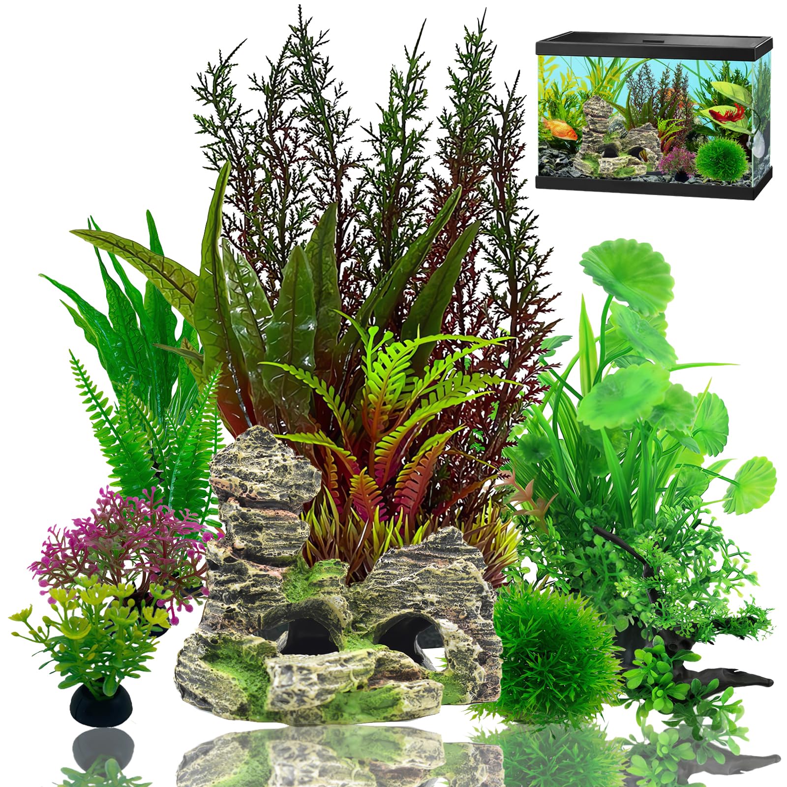 **Naturezhen 9Pcs Artificial Aquarium Plants & Rock Decor Set - Plastic Fish Tank Plants (4cm-28cm) for Freshwater & Saltwater Aquariums - Perfect for Betta Fish, Goldfish, and Tropical Fish Tanks**